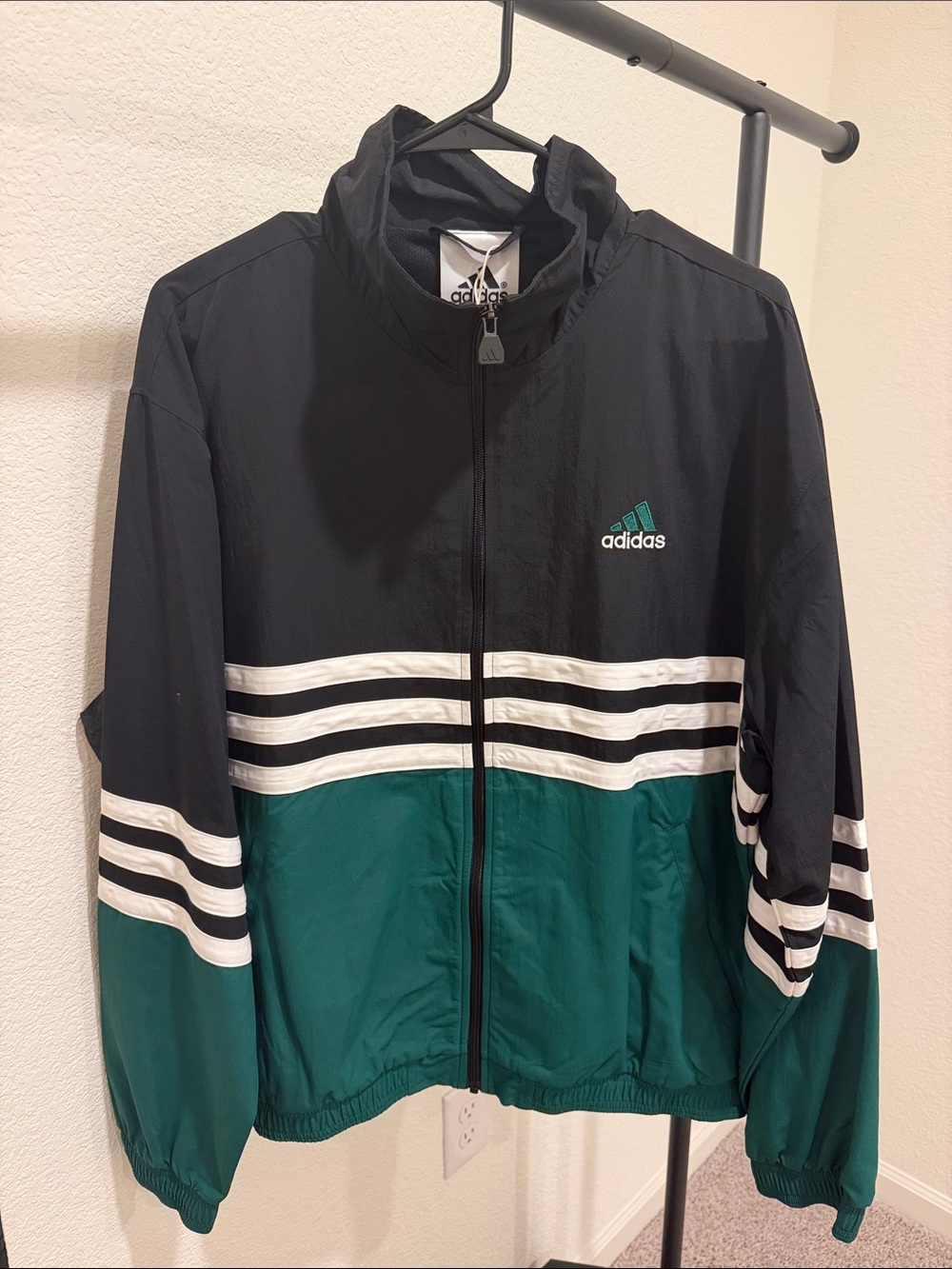 adidas Black & Teal Windbreaker Jacket with White Stripes